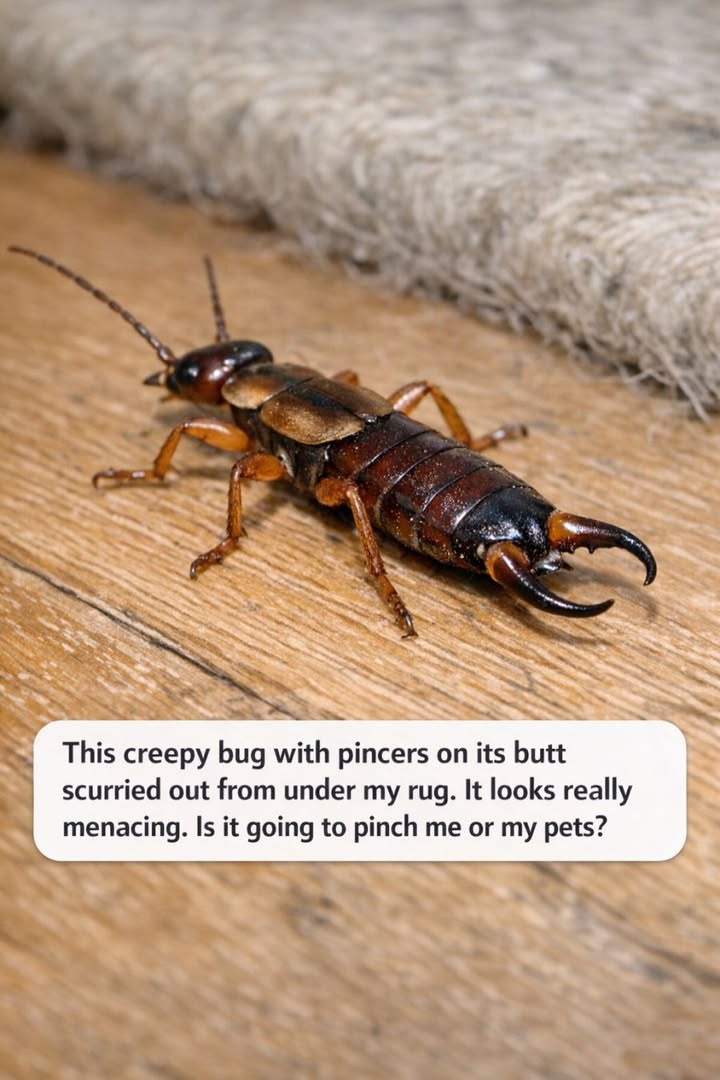 This creepy bug with pincers on its butt scurried out from under my rug. It looks really menacing. Is it going to pinch me or my pets?