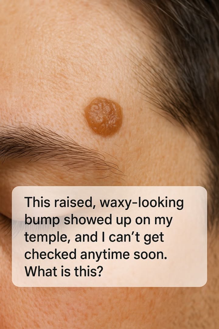 This raised, waxy-looking bump showed up on my temple, and I can’t get checked anytime soon. What is this?