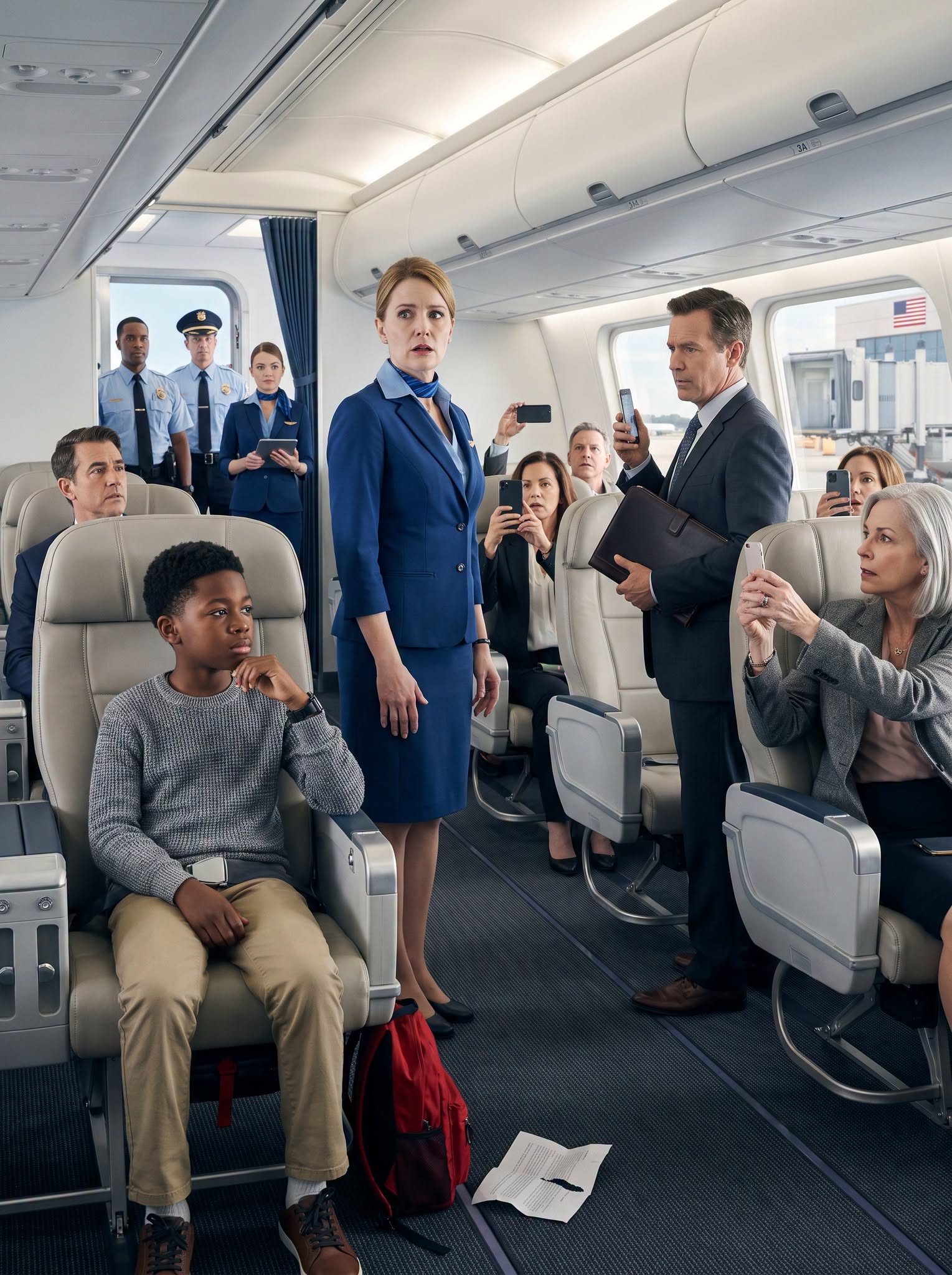 Ten-year-old Caleb Wittman sat quietly in first class with a red backpack, a folded letter from his mother, and both hands in his lap. The lead flight attendant looked at him like he had slipped into a world that did not belong to him, then tore his documentation in half and ordered him to move. Caleb did not shout. He only touched the sleek black watch on his wrist for four seconds — and before the plane could reach the runway, the cockpit received an alert no one in that cabin was prepared for.